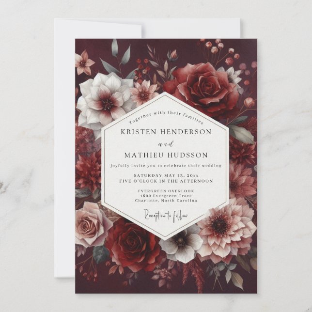 Invitation Noces romantiques de la floraison profonde de Bour (Devant)