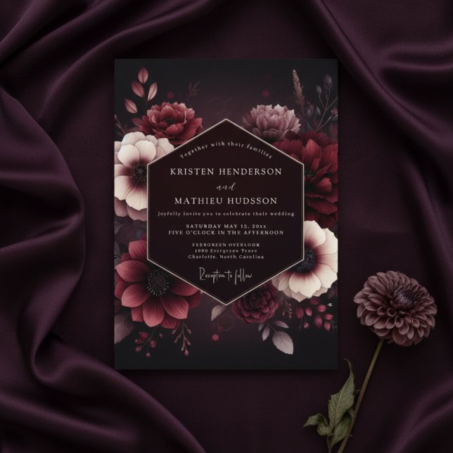 Invitation Noces romantiques en velours de Bourgogne (Créateur téléchargé)
