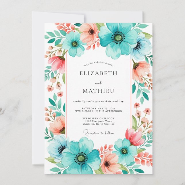 Invitation Noces Romantiques Fleur de Pêcher Turquoise (Devant)
