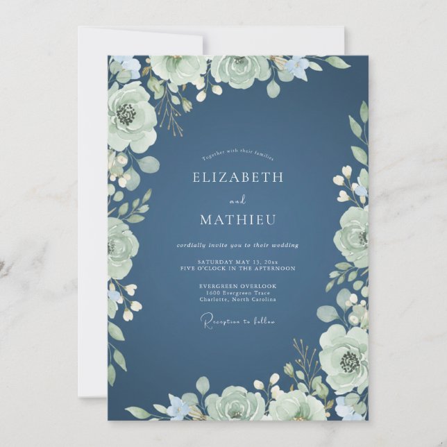 Invitation Noces Romantiques Fleur de Sagesse Verte (Devant)
