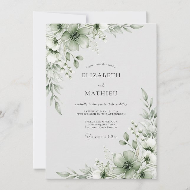Invitation Noces Romantiques Fleur de Vert Sauge (Devant)