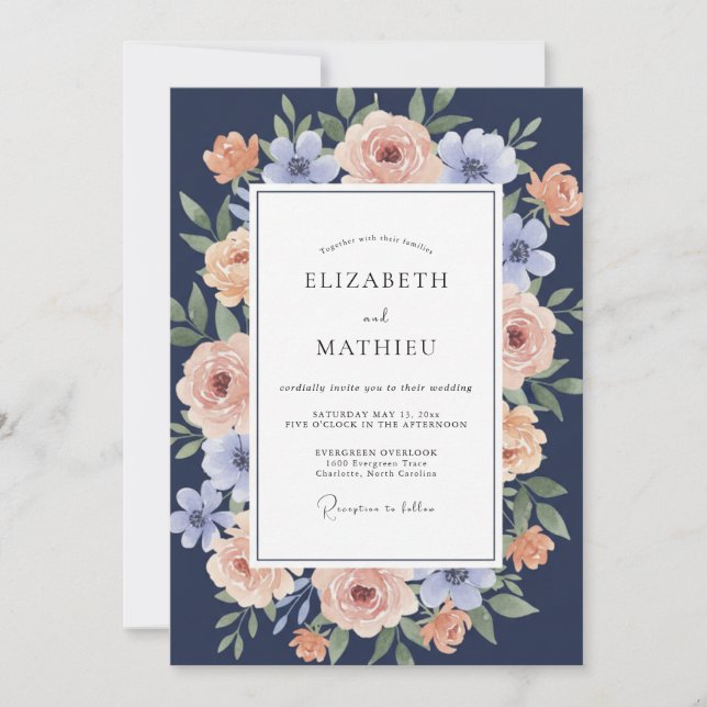 Invitation Noces Romantiques Navy Peach Blossom (Devant)