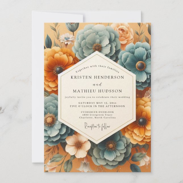 Invitation Noces Romantiques Teal Amber Bloom (Devant)