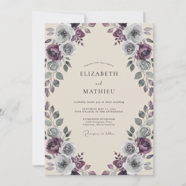 Invitation Noces Rose Antique Ardoise Prune (Devant)