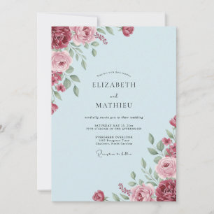 Invitation Noces Rouge Azur Ranunculus Eucalyptus Poussiéreux