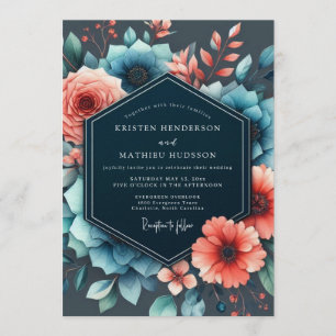 Invitation Noces Slate & Coral Moody Bloom