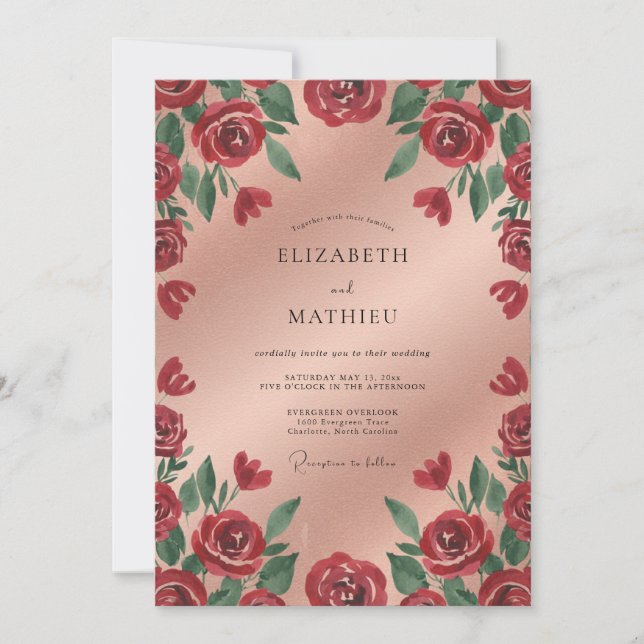 Invitation Noces Vintage Pivoine Écarlate (Devant)