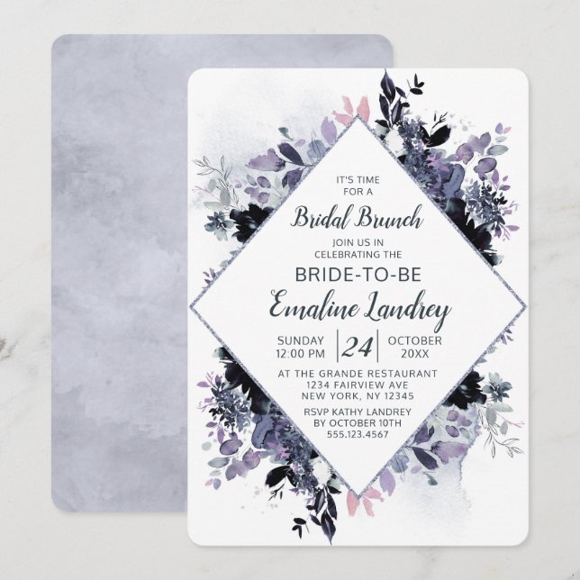 Invitation Nocturne Floral Chic Diamond Bridal Brunch Douche (Devant / Derrière)