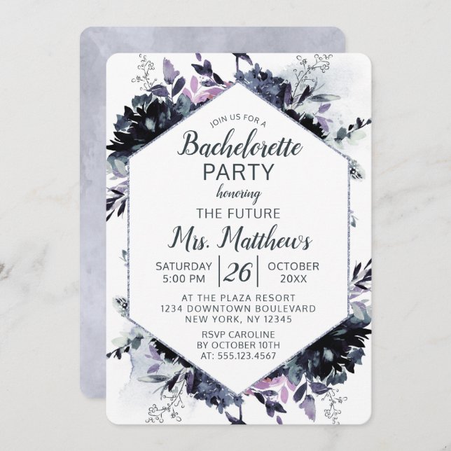 Invitation Nocturne Floral Hexagon Frame Bachelorette (Devant / Derrière)