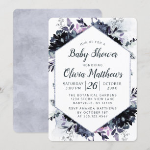Invitation Nocturne Floral Navy Bleu & Gris bébé fille Douche