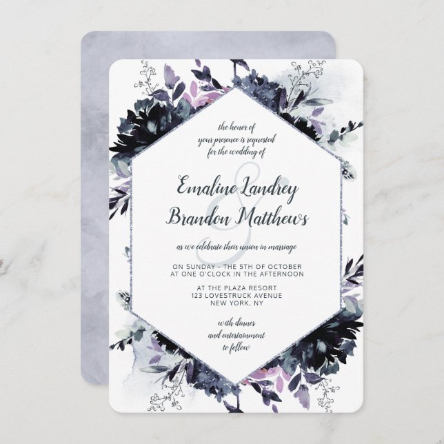 Invitation Nocturne Floral Navy Dusty Blue Hexagon Mariage (Devant / Derrière)