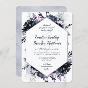 Invitation Nocturne Floral Navy Dusty Blue Hexagon Mariage