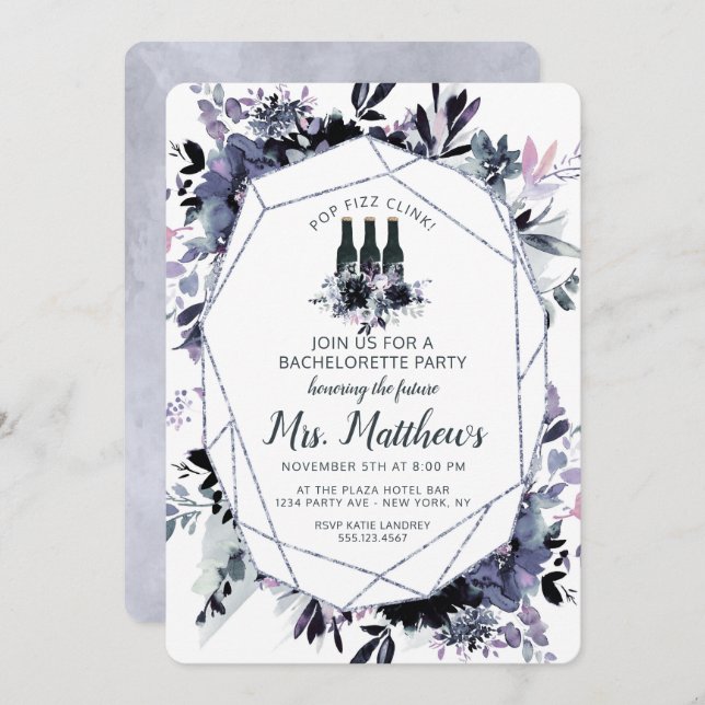 Invitation Nocturne Floral Pop Fizz Clink Bachelorette Party (Devant / Derrière)