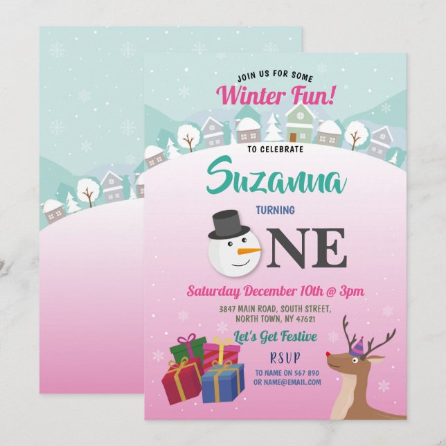 Invitation Noël 1er anniversaire fête Père Noël Snowman Girls (Devant / Derrière)