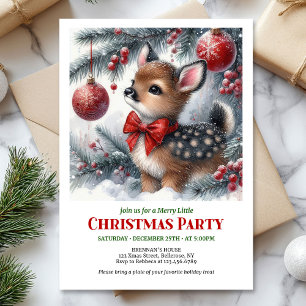 Invitation Noël à l'aquarelle cerf hivernal forêt enneigée co