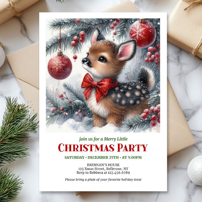Invitation Noël à l'aquarelle cerf hivernal forêt enneigée co (Cozy winter deer snowy forest watercolor Christmas invitation

)