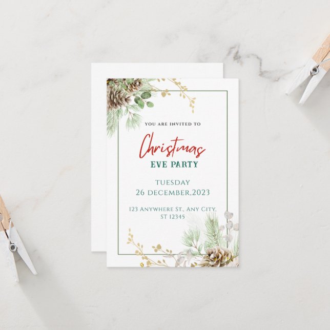 Invitation Noël à l'aquarelle verte (Devant/Arrière en situation)