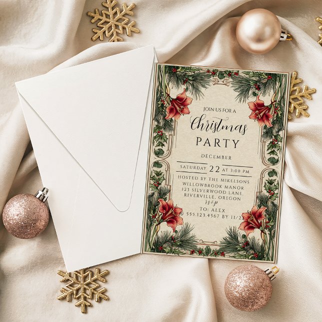 Invitation Noël Amaryllis et Houx Vintage (Créateur téléchargé)