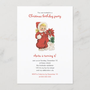 Invitation Noël Anniversaire Cute Retro Girl Red Poinsettia