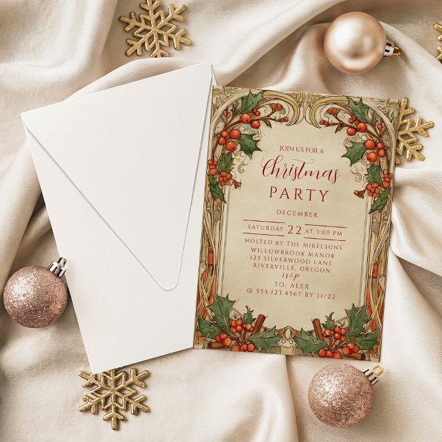 Invitation Noël Antique Baies de Houx (Créateur téléchargé)