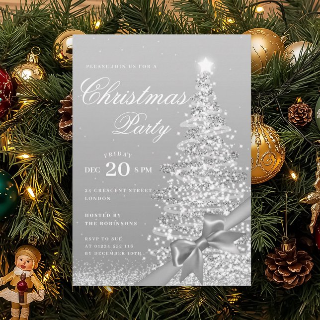 Invitation Noël arbre formel d'hiver ruban argenté Fêtes (Formal Silver Winter Christmas Tree Bow Holiday Invitation)