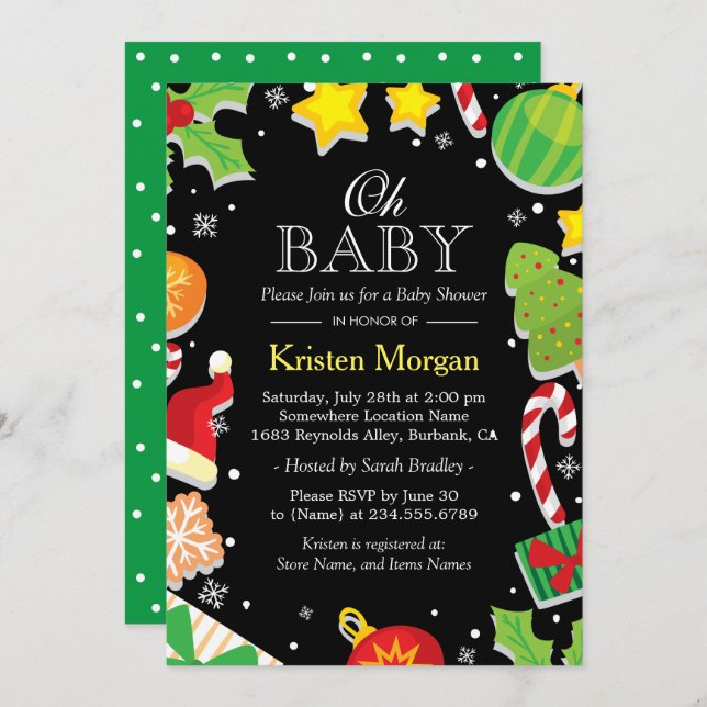 Invitation Noël Arbre Holly Berries Cute Baby shower (Devant / Derrière)