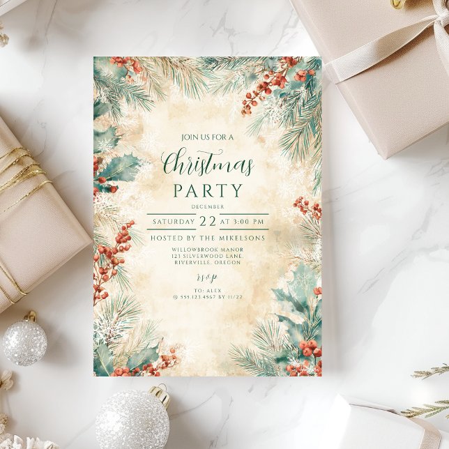 Invitation Noël au houx et au pin rustique (Créateur téléchargé)