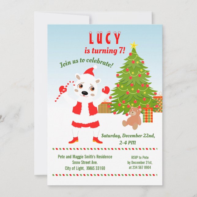Invitation Noël avec l'ours polaire fête d'anniversaire (Devant)