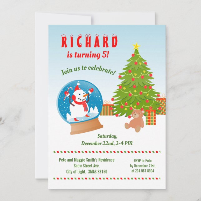 Invitation Noël avec Snowman globe Fête d'anniversaire (Devant)