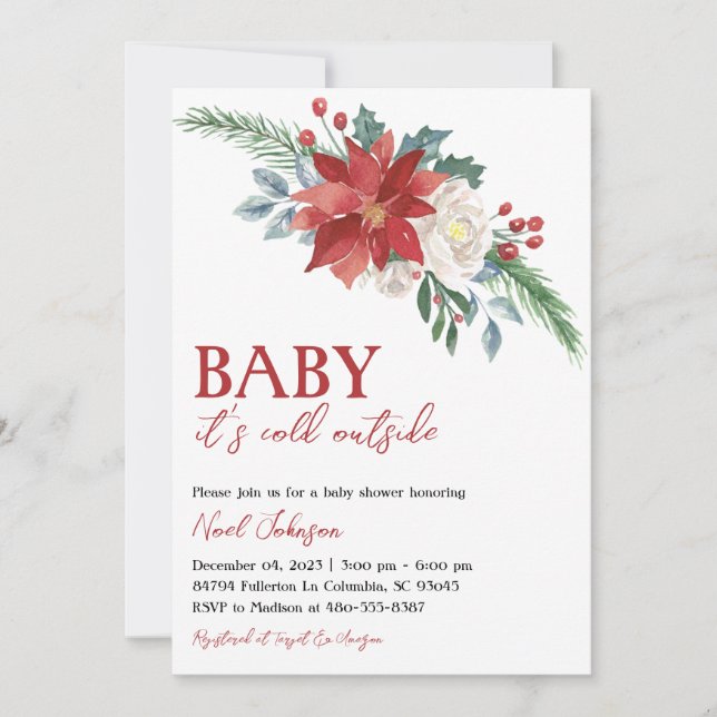 Invitation Noël Baby shower Floral hiver (Devant)