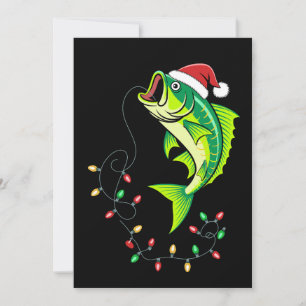Invitation Noël Bass Fish Santa Chapeau Lumières Pêche Xmas