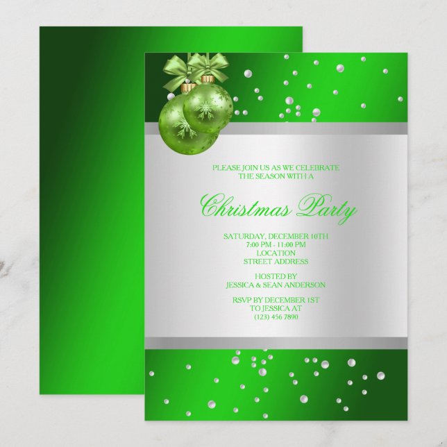 Invitation Noël Baubles & Perles Verts Glamour (Devant / Derrière)