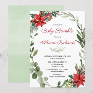 Invitation Noël bébé saupoudrer de poinsettia rouge verdure