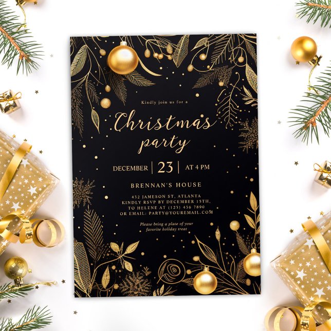 Invitation Noël Black Et Gold Fête (Christmas Black And Gold Holiday Party Invitation)