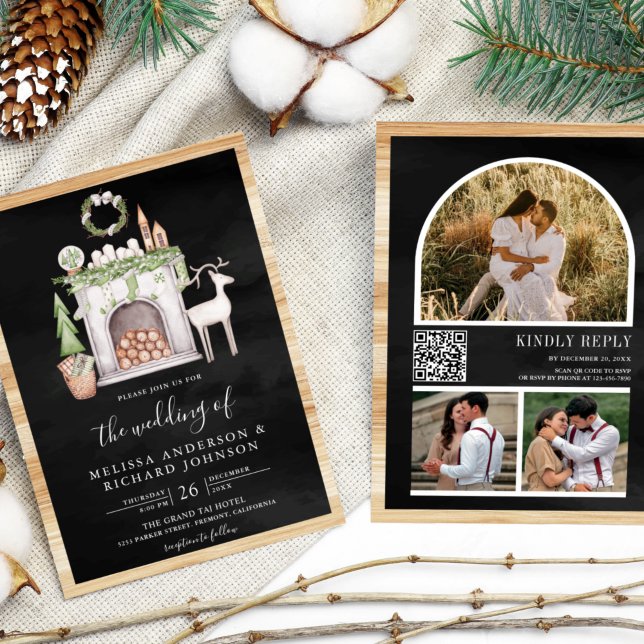 Invitation Noël blanc cheminée QR Code Mariage noir (Créateur téléchargé)