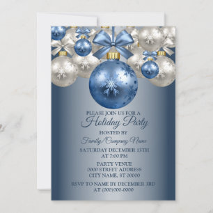 Invitation Noël Bleu Blanc Ornements Fête des Fêtes