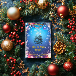 Invitation Noël bleu étoilé avec message de famille personnal
