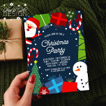 Invitation Noël bleu mignon Père Noël & Snowman<br><div class="desc">Invités Invitations à votre fête de Noël avec cette mignonne invitation de vacances bleues avec le Père Noël,  bonhomme de neige,  cadeaux,  sucres de canne,  arbres de Noël,  ornements,  une bordure enneigée et un joli motif sur le dos.</div>