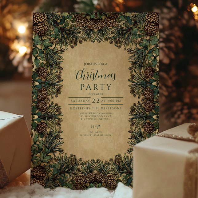 Invitation Noël botanique au pin cônique rustique (Créateur téléchargé)