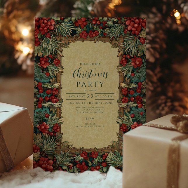 Invitation Noël botanique aux baies rouges vintage (Créateur téléchargé)