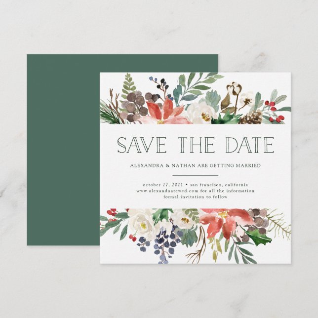 Invitation Noël botanique | Économie de date de Floral Holida (Devant / Derrière)