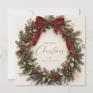 Invitation Noël botanique élégant, Couronne et Nœud Bourdon e