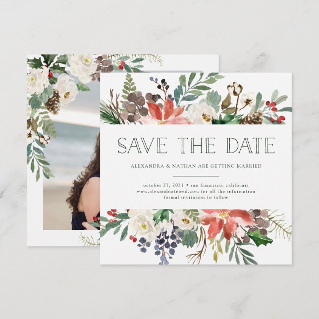 Invitation Noël botanique | Enregistrer la date de vacances P (Devant / Derrière)