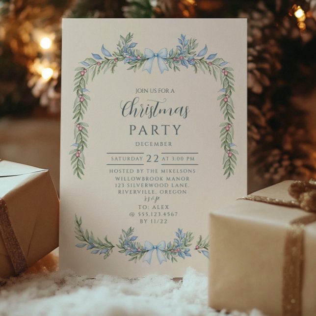 Invitation Noël botanique hivernal au ruban bleu (Créateur téléchargé)