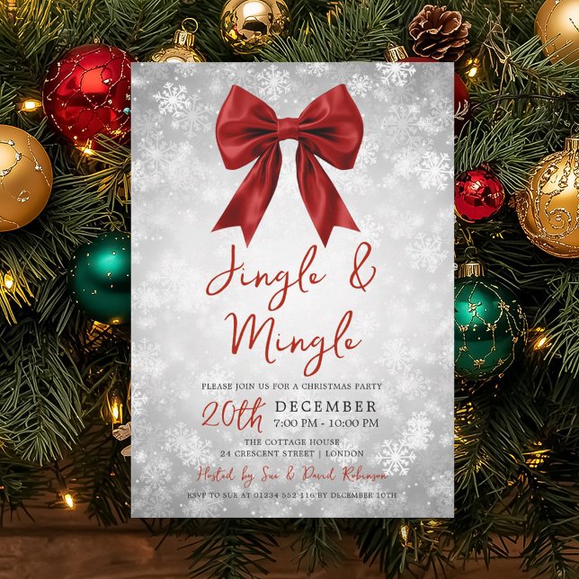 Invitation Noël Boule de Fête de mélange de Rouge Argent Snow (Silver Red Jingle Mingle Christmas Party Bow Snow Invitation)