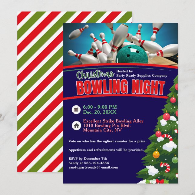 Invitation Noël Bowling Night Blue Arrière - plan Party (Devant / Derrière)