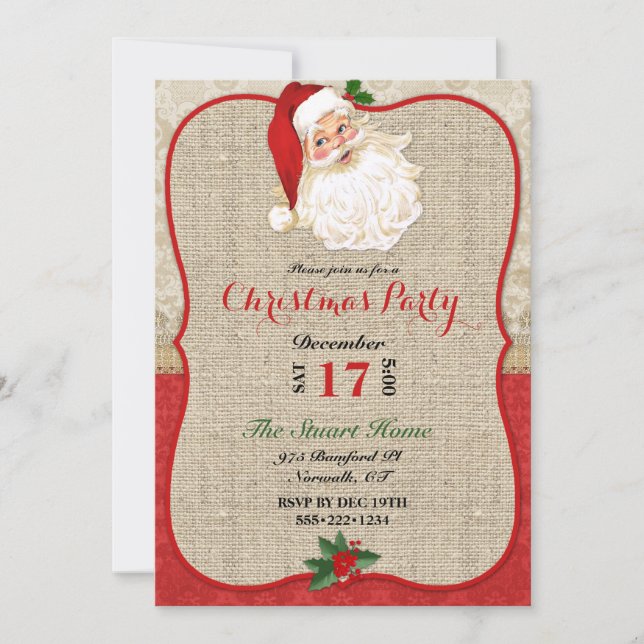 Invitation Noël Burlap Damassé Père Noël  (Devant)
