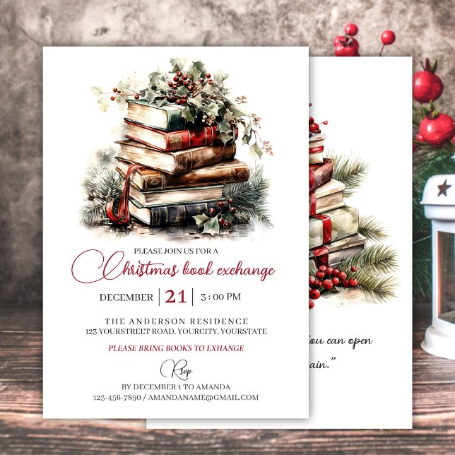 Invitation Noël cadeau livre échange (Christmas gift book exchange party invitation watercolor book art for book lovers)