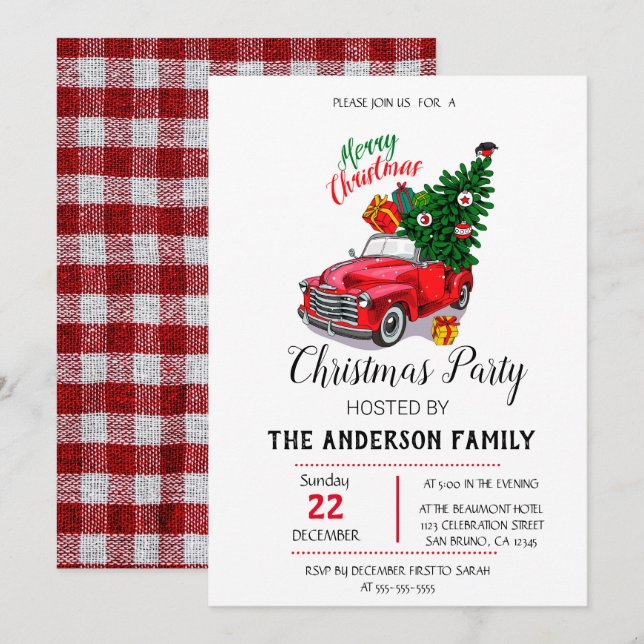 Invitation Noël Camion Rouge Aquarelle Rustique (Devant / Derrière)