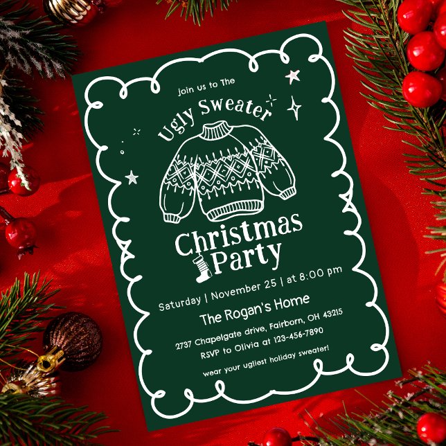 Invitation Noël Chandail Moche Dessiné à la Main Vert & Blanc (Créateur téléchargé)